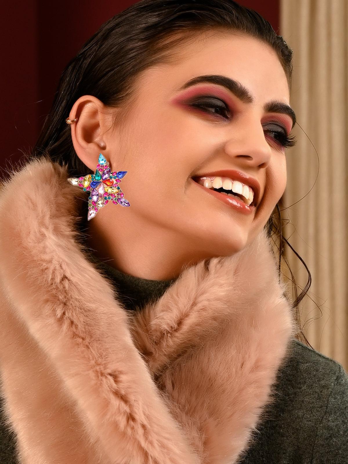 Women's Multicoloured Gemstone Embellished Star Shaped Earring