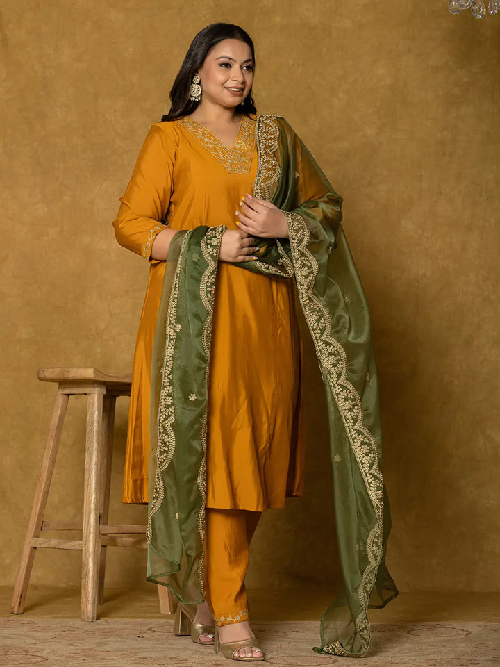 Women's Mustard Silk Embroidered Plus Size Kurta Dupatta Set