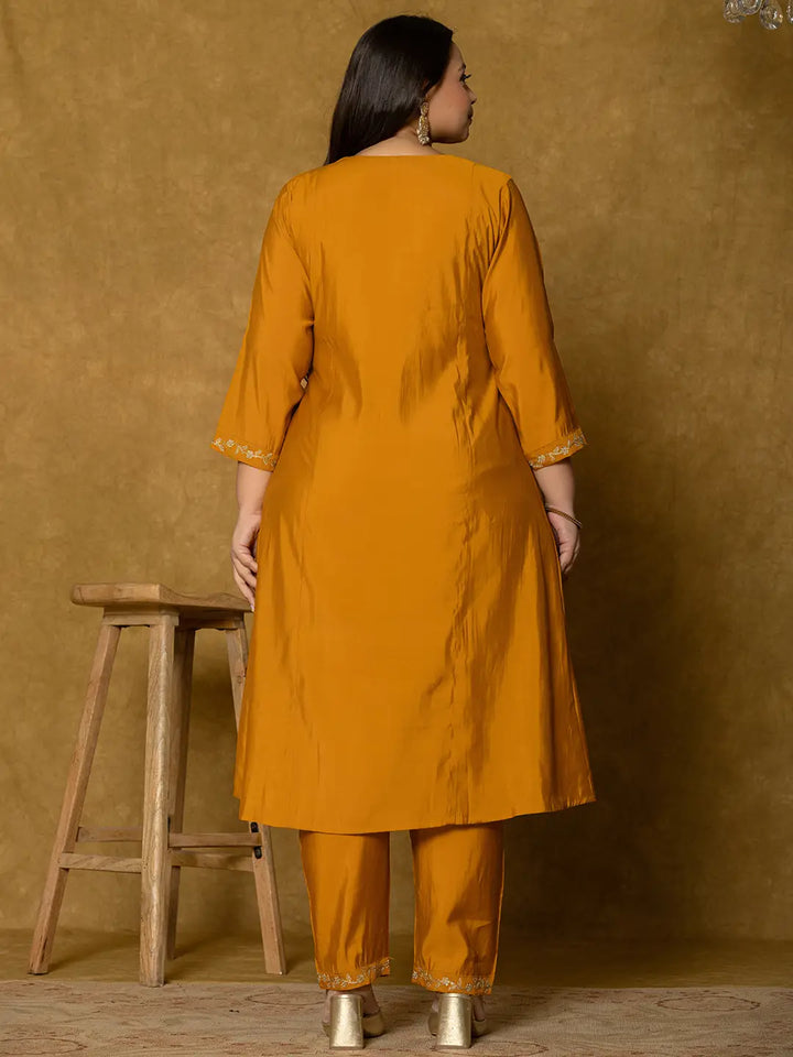 Women's Mustard Silk Embroidered Plus Size Kurta Dupatta Set