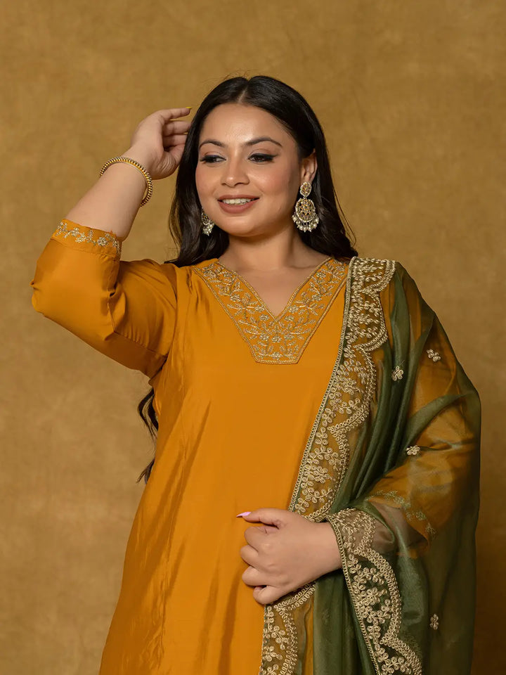 Women's Mustard Silk Embroidered Plus Size Kurta Dupatta Set