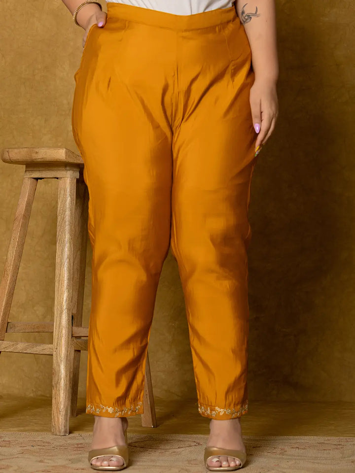 Women's Mustard Silk Embroidered Plus Size Kurta Dupatta Set