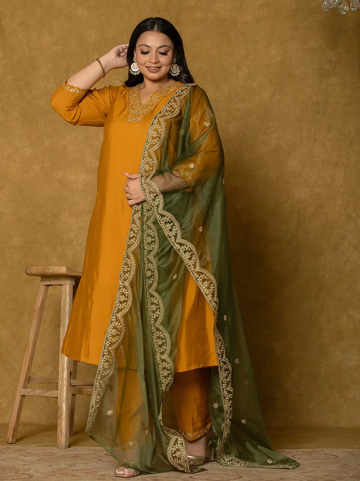 Women's Mustard Silk Embroidered Plus Size Kurta Dupatta Set