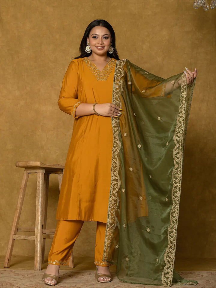 Women's Mustard Silk Embroidered Plus Size Kurta Dupatta Set