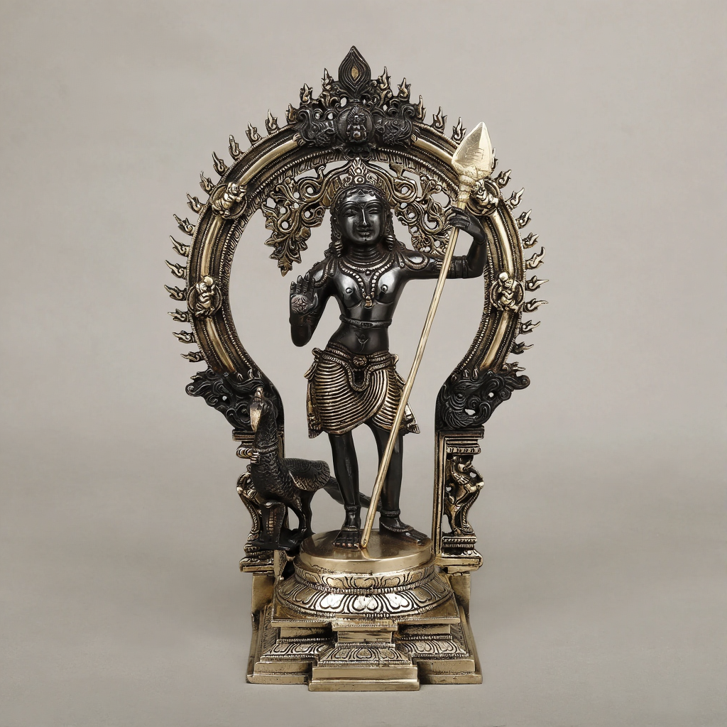 Brass Kartik Standing With Peacock in Prabhavali Frame, Deep Black Finish with Golden Accent 16.5"