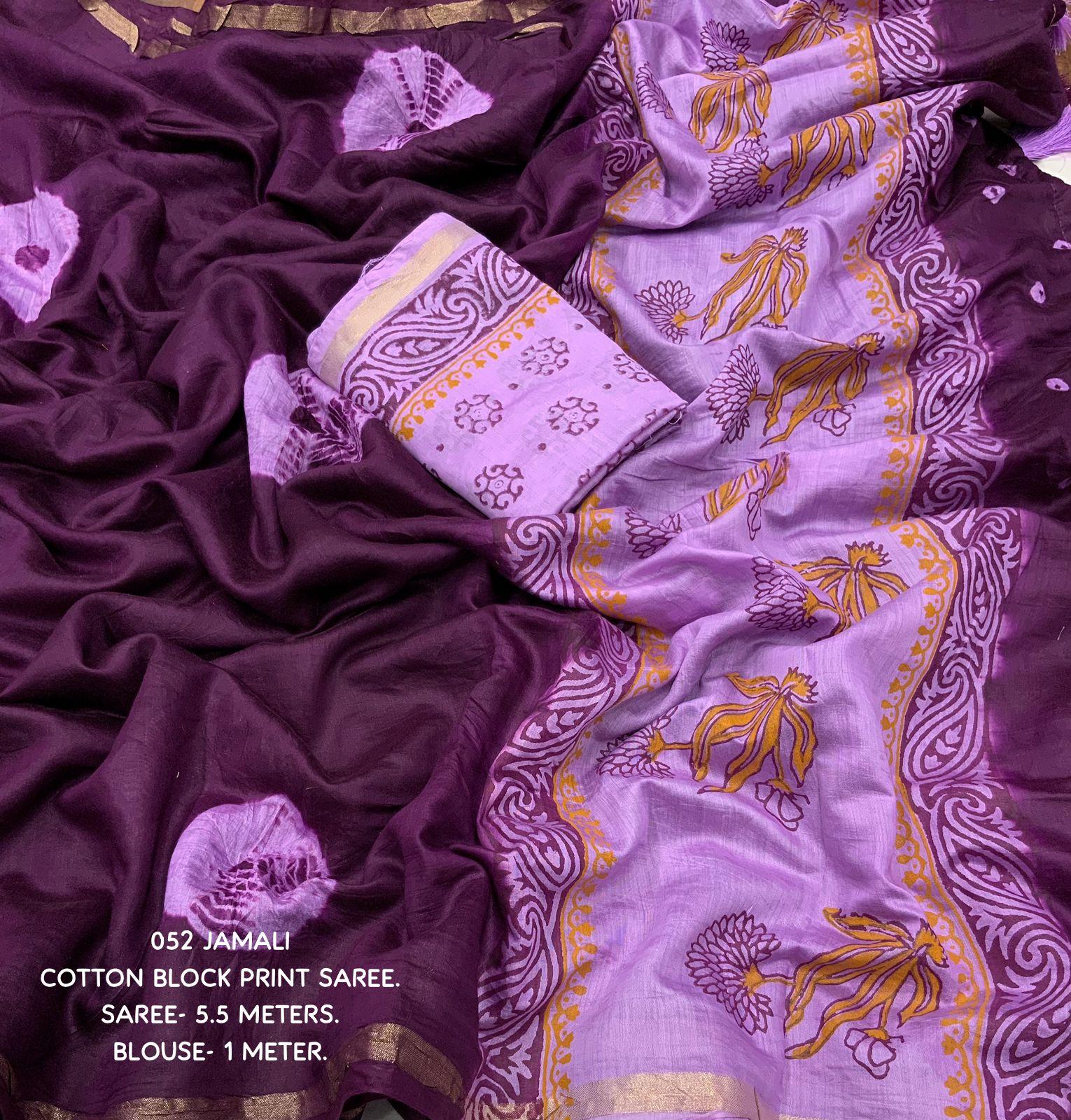 Women's Jambli Pure Cotton Hand Printed Saree With Blouse - A2M