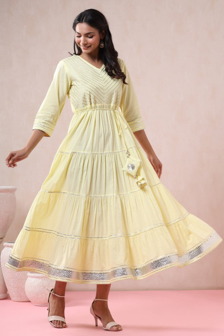 Women's Yellow Cotton Blend Embellished Dress - Juniper