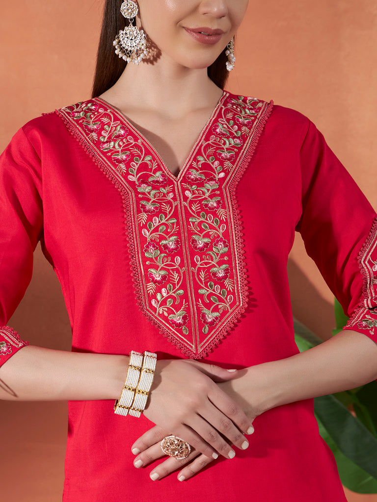 Women's Rani Roman Viscose Embroidery Work Kurta Set