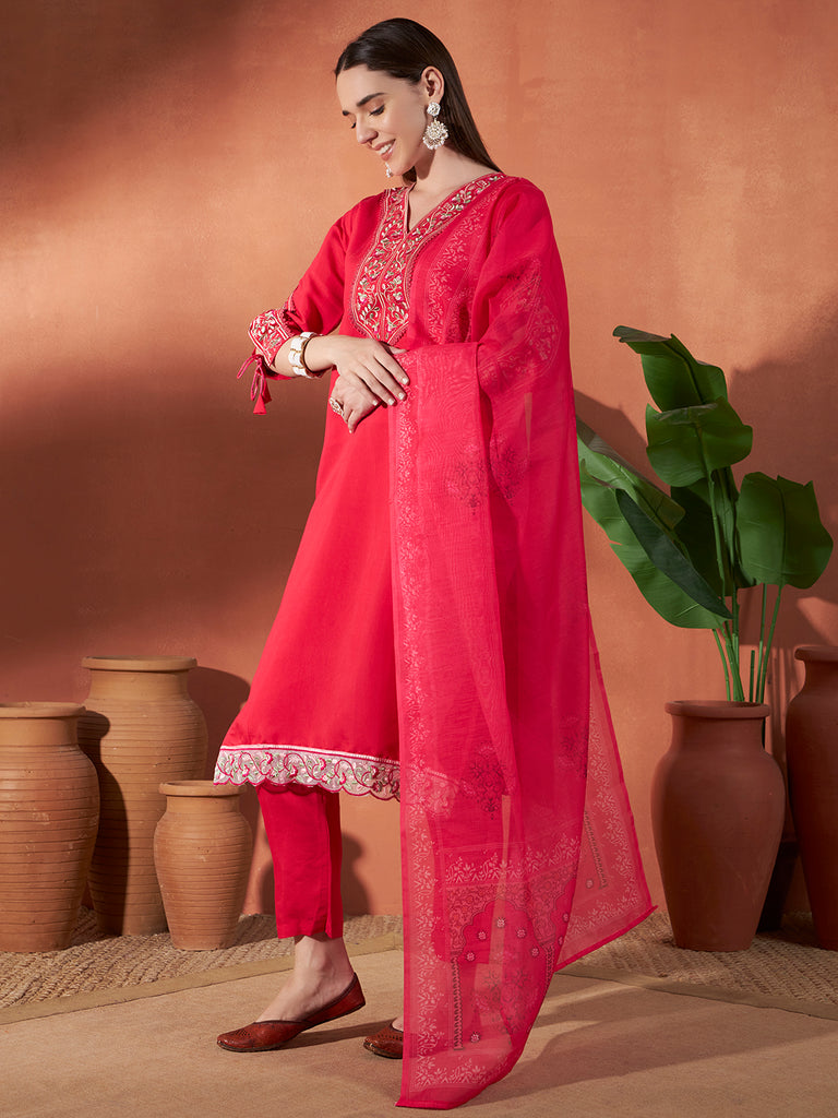 Women's Rani Roman Viscose Embroidery Work Kurta Set