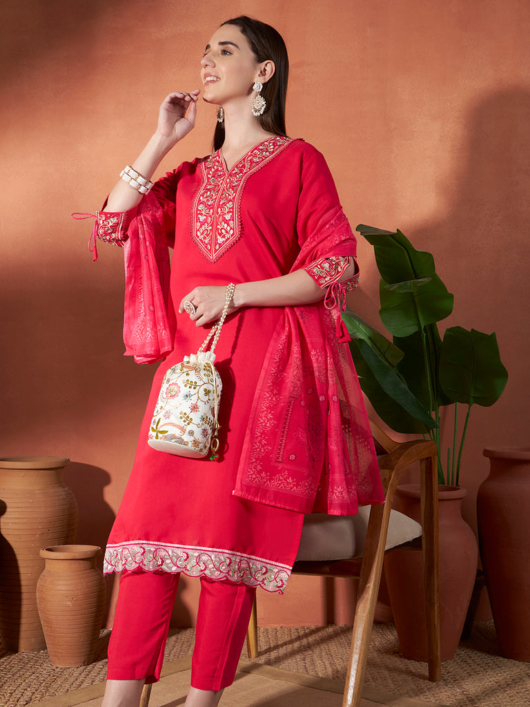 Women's Rani Roman Viscose Embroidery Work Kurta Set