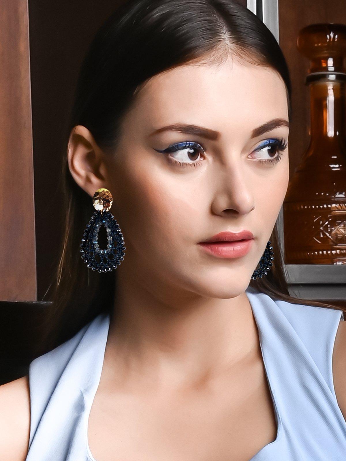 Women's Navy Blue Beaded Teardrop Earring