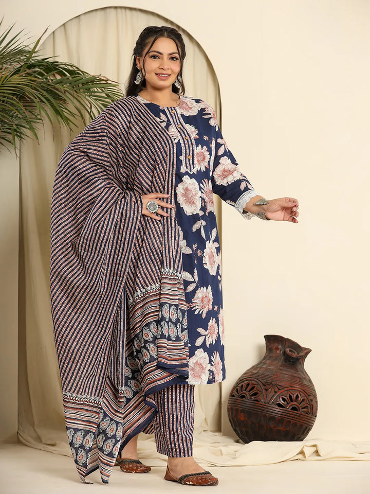 Women's Navy Blue Cotton Kurta Dupatta Pant Set With Handwork