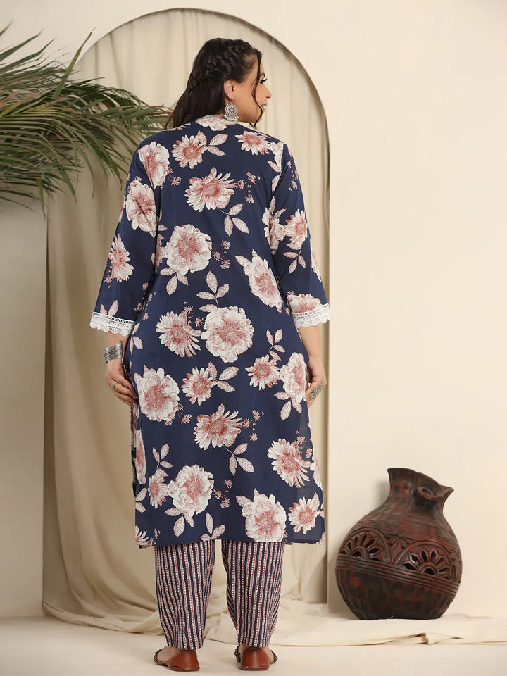 Women's Navy Blue Cotton Kurta Dupatta Pant Set With Handwork