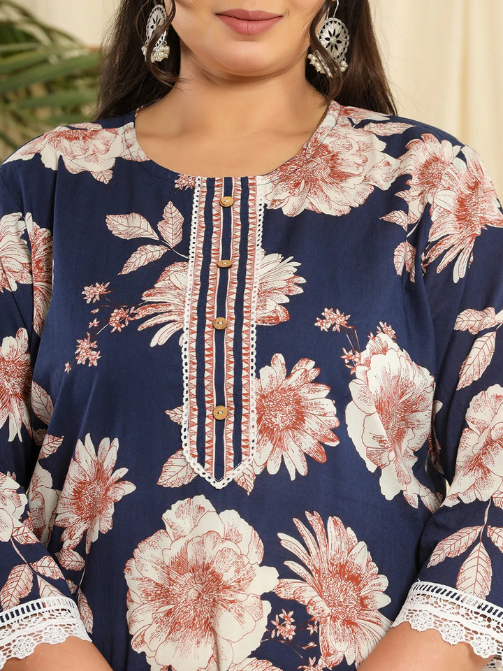 Women's Navy Blue Cotton Kurta Dupatta Pant Set With Handwork