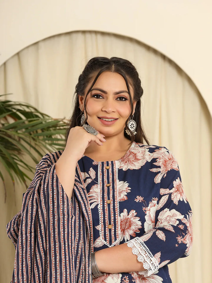 Women's Navy Blue Cotton Kurta Dupatta Pant Set With Handwork