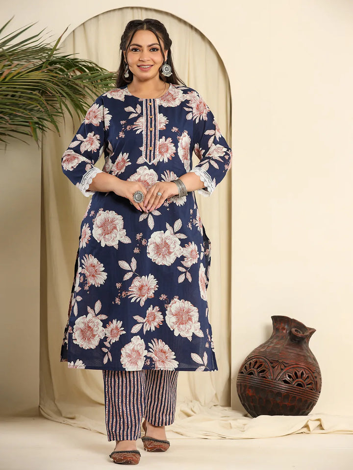 Women's Navy Blue Cotton Kurta Dupatta Pant Set With Handwork