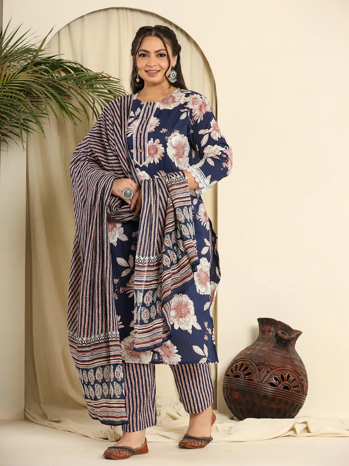 Women's Navy Blue Cotton Kurta Dupatta Pant Set With Handwork