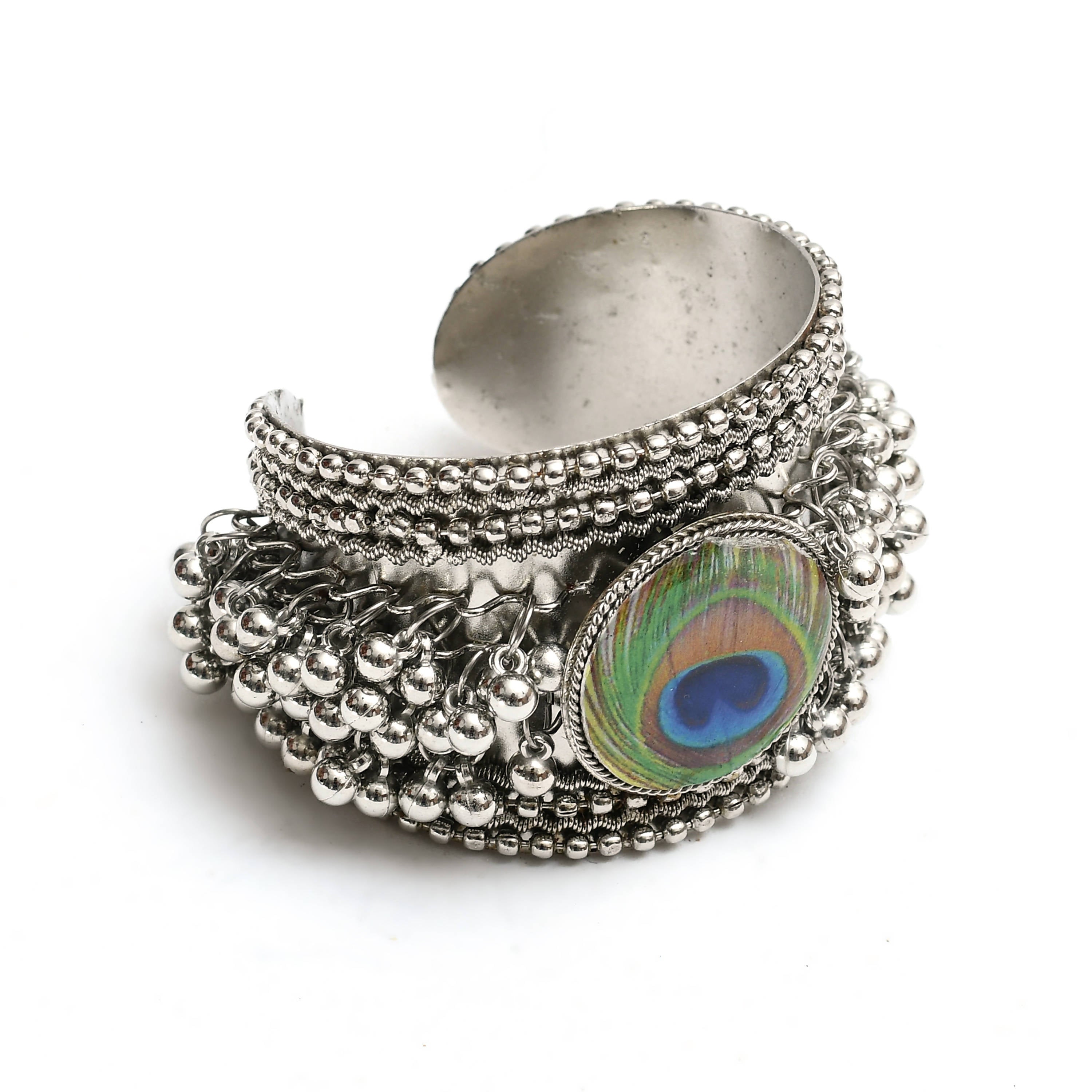 Johar Kamal Oxidised Silver-Plated Peacock Design Bracelet and Ring