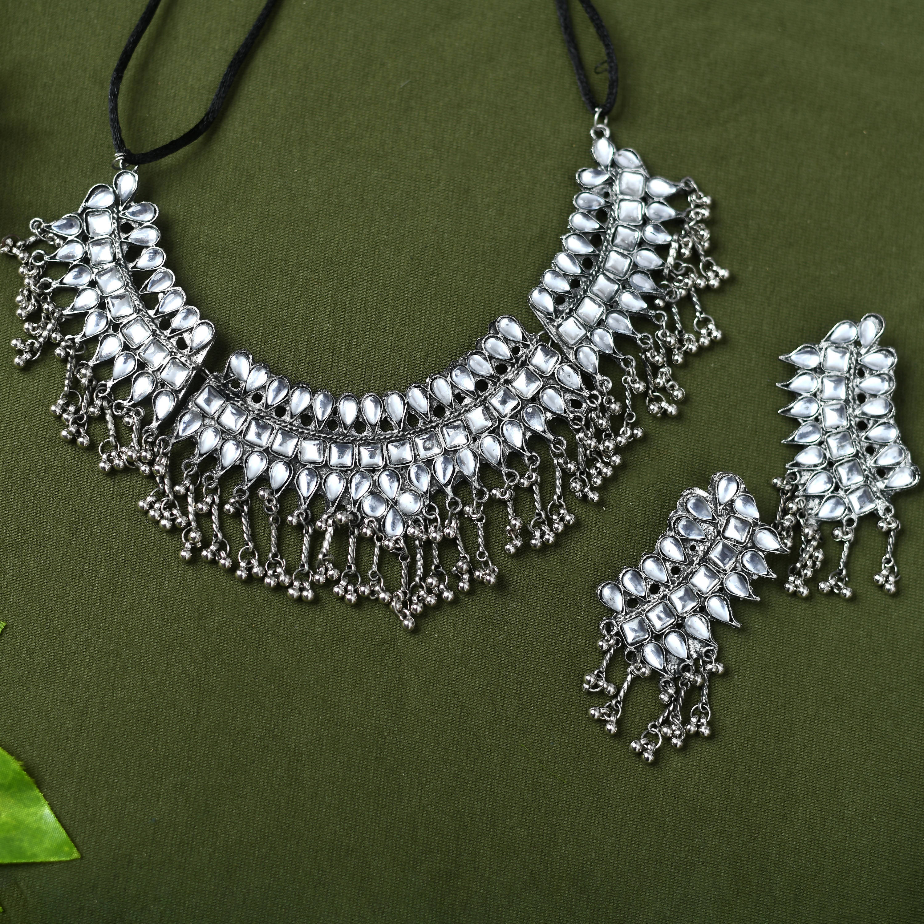 Kamal Johar Silver-Plated Kundan Necklace with Earrings white Mangal