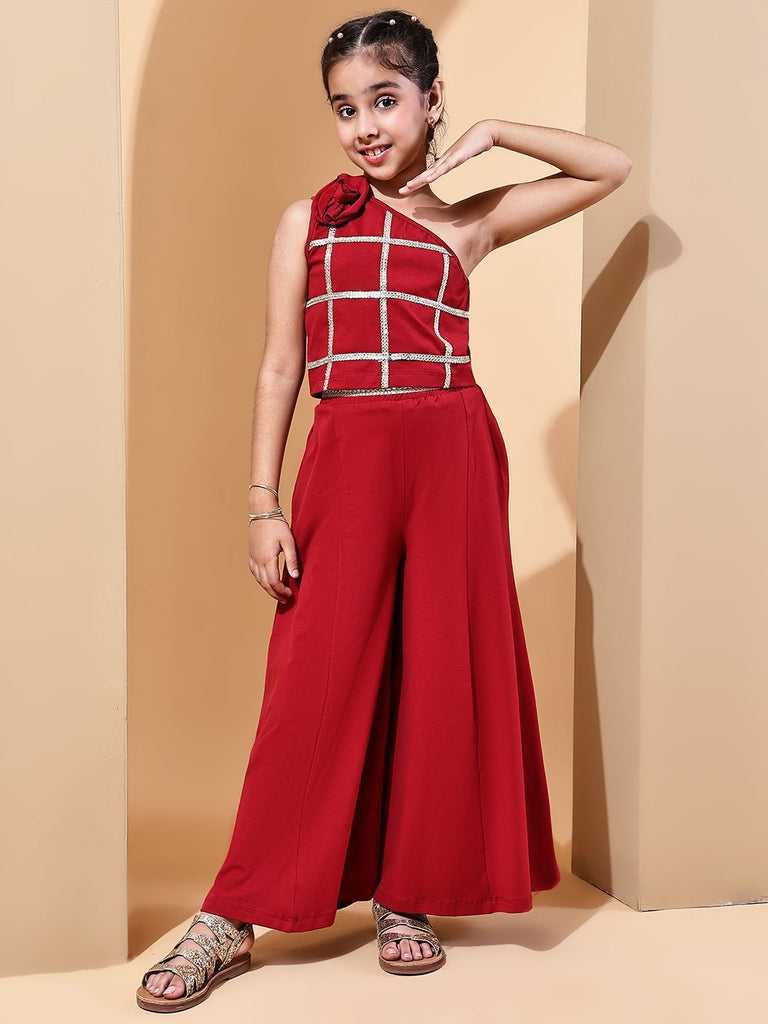 Girl's Red Cotton Blend Checked Co-Ord Set