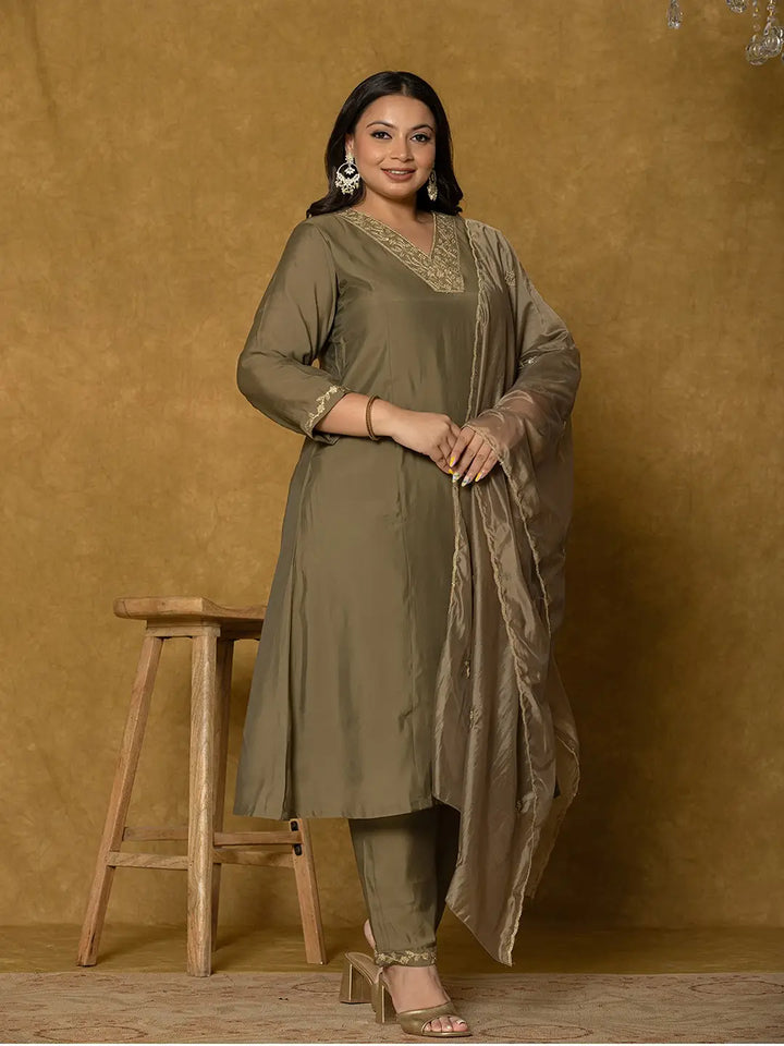 Women's Olive Green Silk Embroidered Plus Size Kurta Dupatta Set