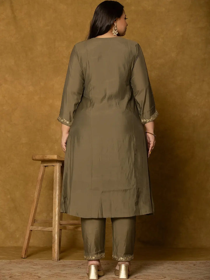 Women's Olive Green Silk Embroidered Plus Size Kurta Dupatta Set