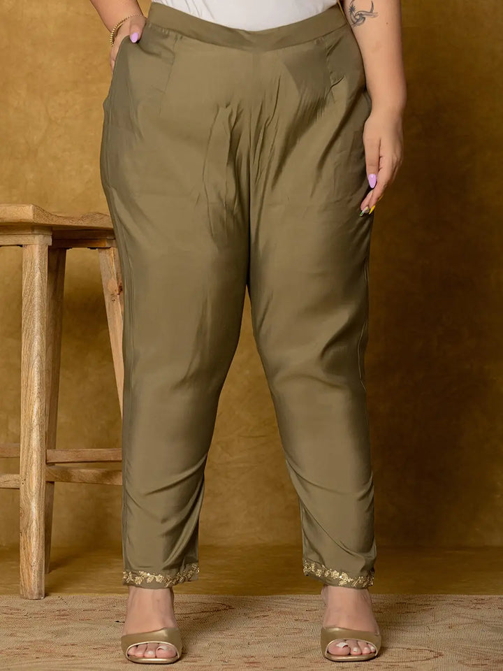 Women's Olive Green Silk Embroidered Plus Size Kurta Dupatta Set