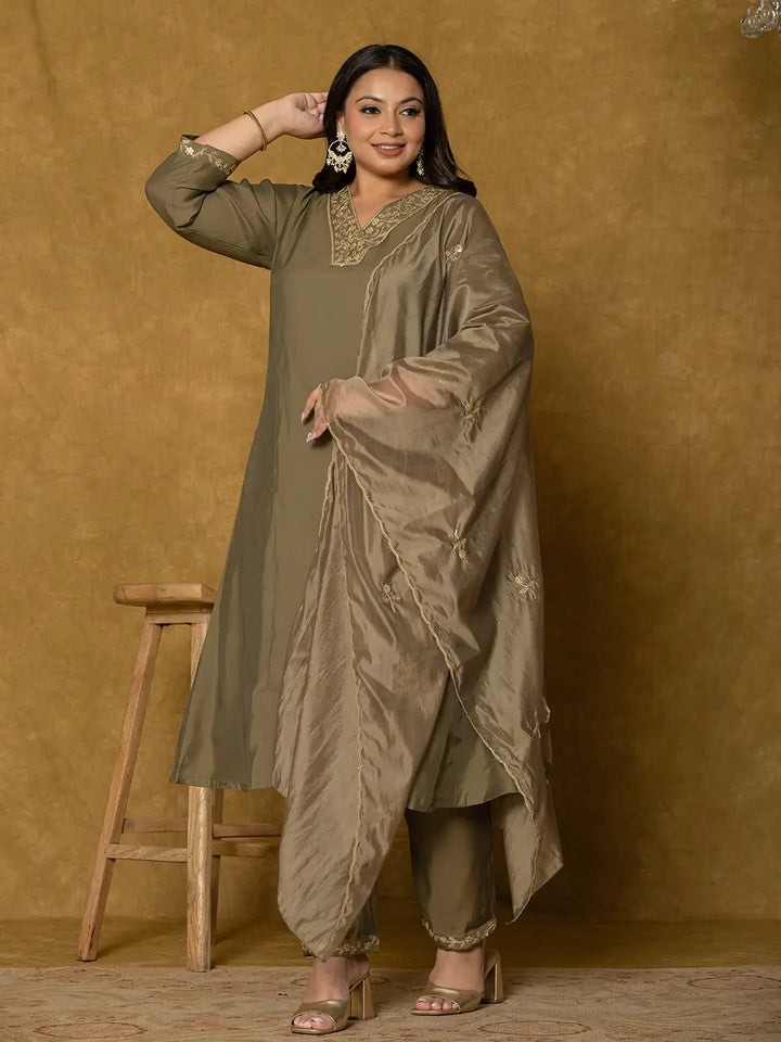 Women's Olive Green Silk Embroidered Plus Size Kurta Dupatta Set