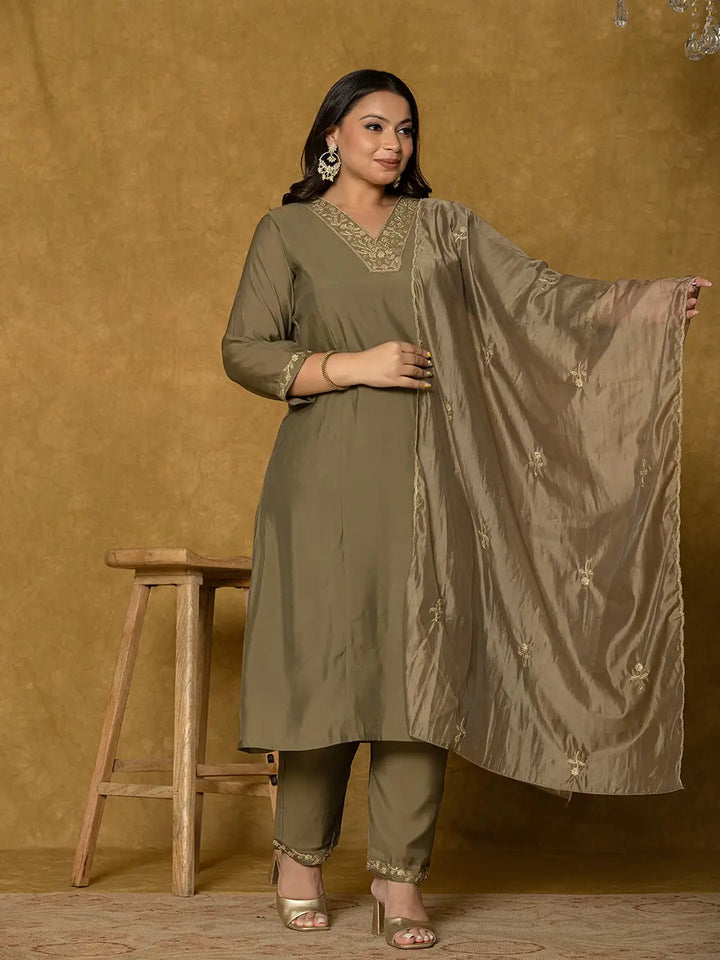 Women's Olive Green Silk Embroidered Plus Size Kurta Dupatta Set