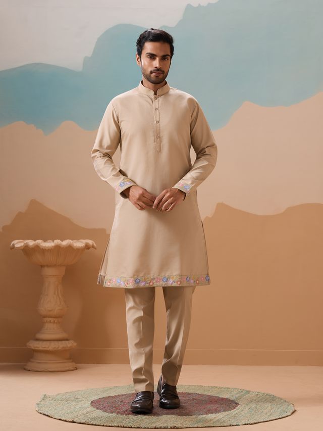 Men's Beige Viscose Silk Multi Thread With Sequence Embroidered Work Kurta Set