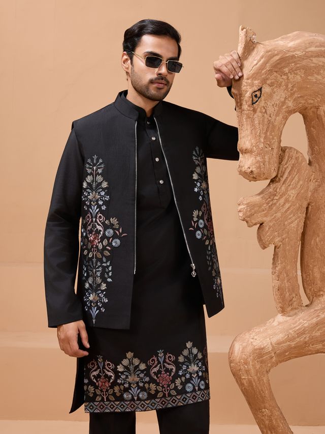 Men's Black Viscose Silk Multi Thread With Sequence Embroidered Work Kurta Set