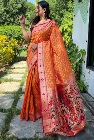 Women's Orange Banarasi Paithani Silk Woven Saree - TASARIKA