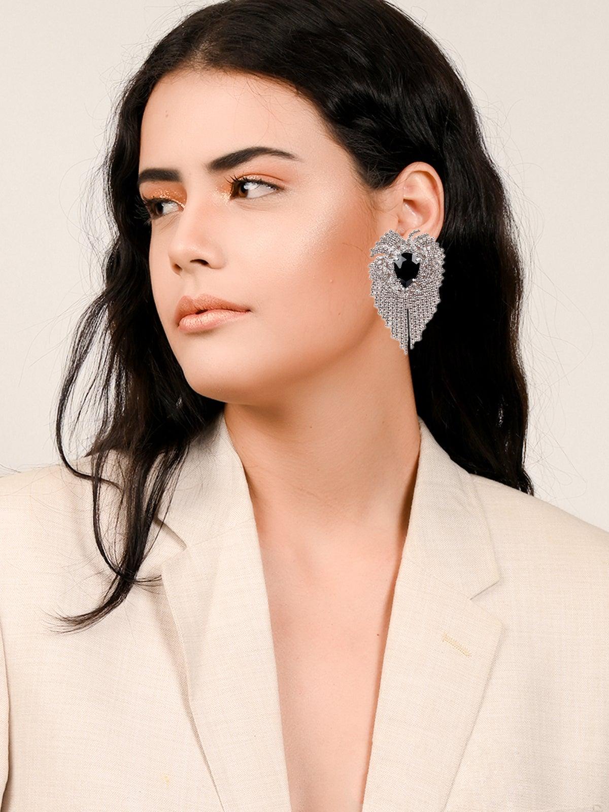 Women's Overflowing Tassel Crystal Earring With A Black Gemstone