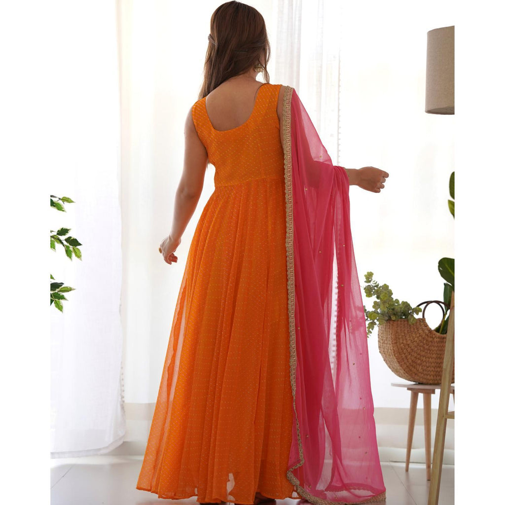 Women's Yellow Leheriya Angrakha Anarkali Pant Set With Dupatta