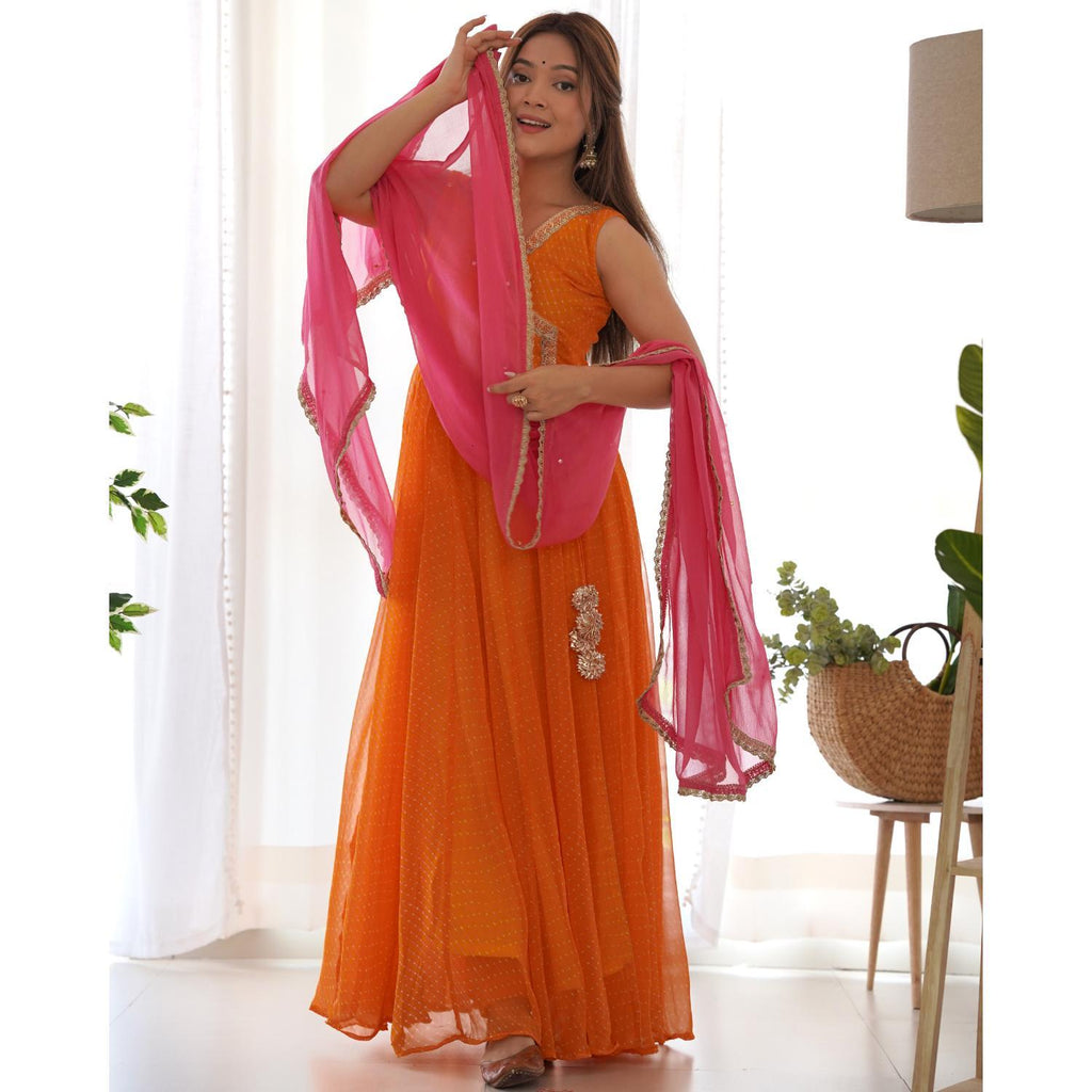 Women's Yellow Leheriya Angrakha Anarkali Pant Set With Dupatta