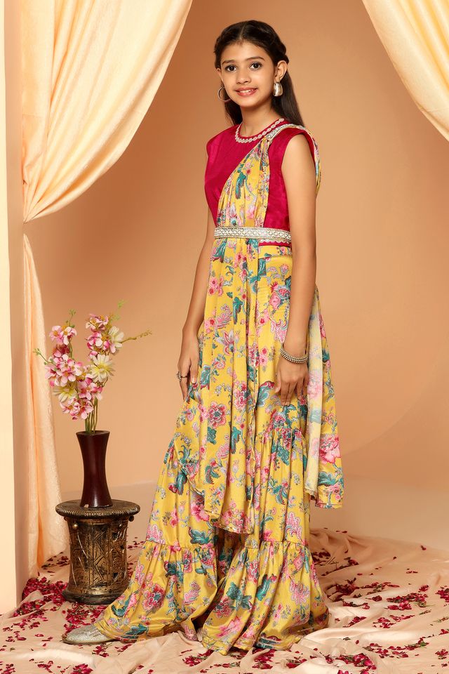 Girls Mustard Floral Chinon Crop Top And Sharara Set With Dupatta - Fashion Dream