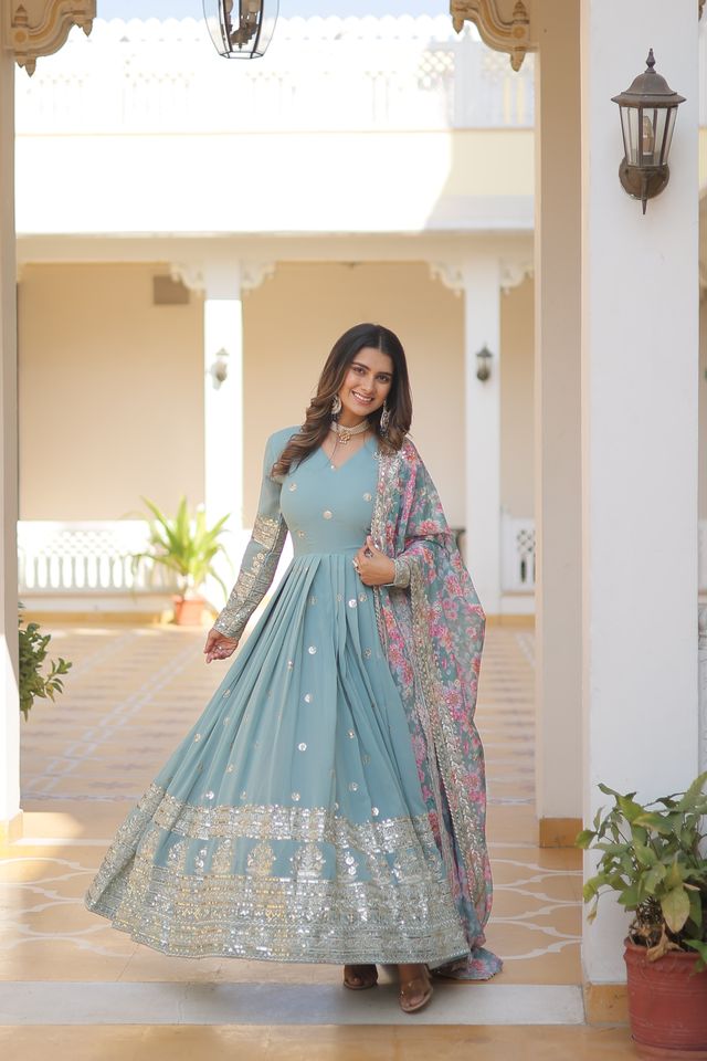 Women's Sky Blue Faux Georgette Sequins Zari Embroideredy Anarkali Gown with Dupatta