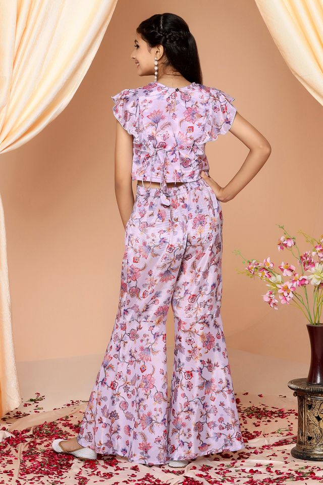 Girls Chinon Floral Print Crop-Top And Sharara Suit Set - Fashion Dream