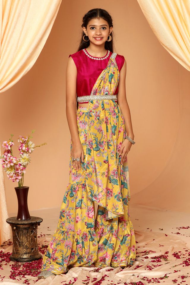 Girls Mustard Floral Chinon Crop Top And Sharara Set With Dupatta - Fashion Dream