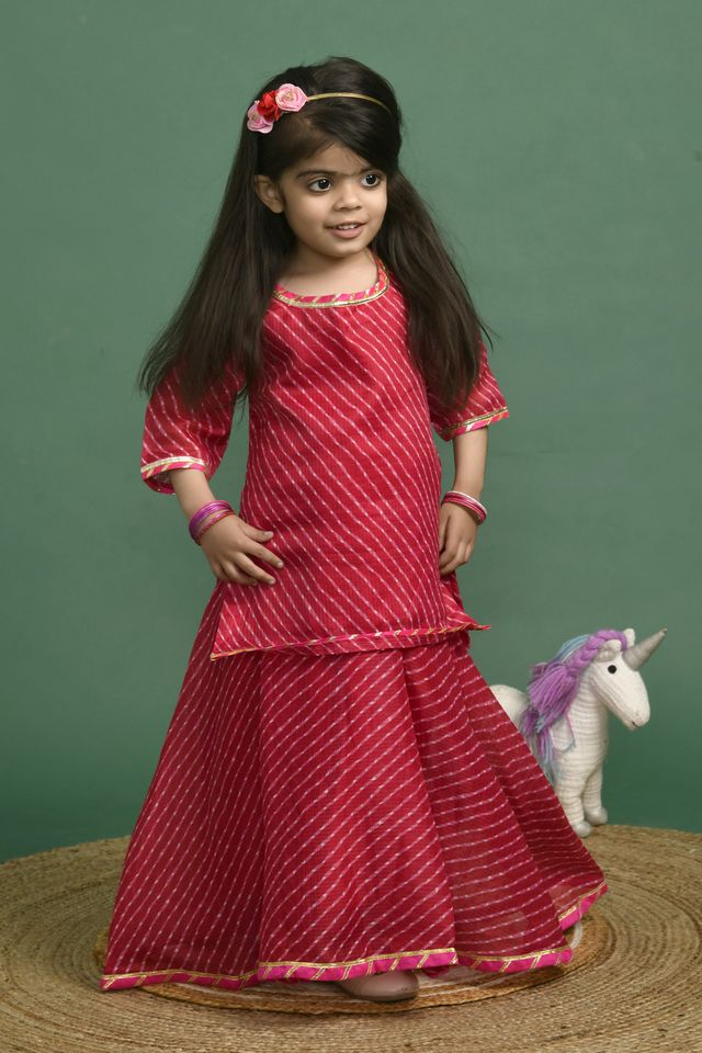 Girl's Pink Leheriya Kurta Skirt Set