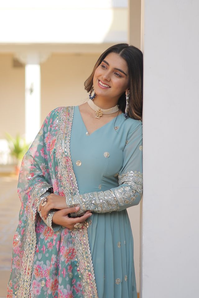 Women's Sky Blue Faux Georgette Sequins Zari Embroideredy Anarkali Gown with Dupatta