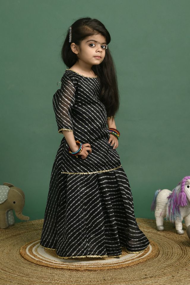 Girl's Black Leheriya Kota Doriya Skirt Kurta Set - Rangpur