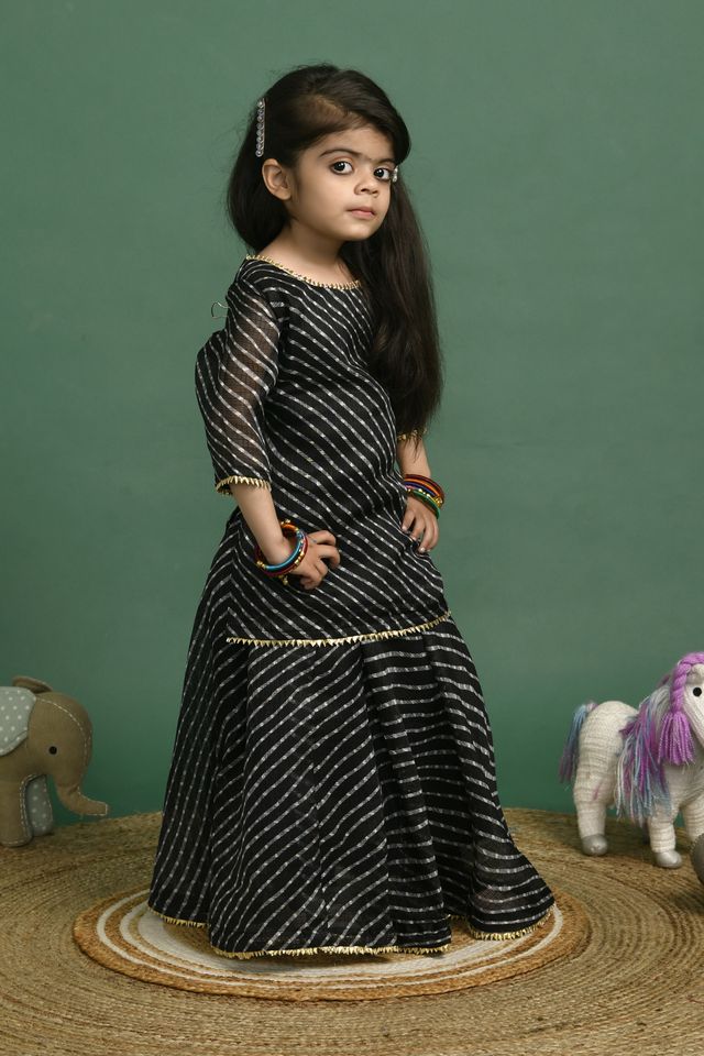 Girl's Black Leheriya Kota Doriya Skirt Kurta Set