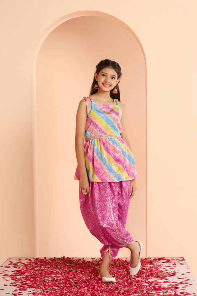Girls Chinon Bandhani Printed Tunic Top And Dhoti Pant Set - Fashion Dream