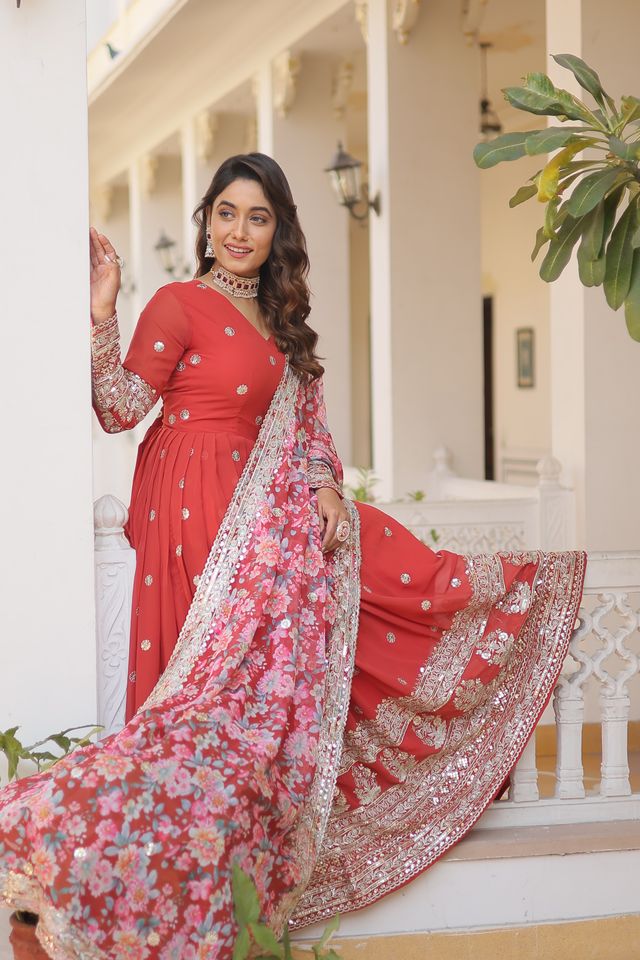 Women's Orange Faux Georgette Sequins Zari Embroideredy Anarkali Gown with Dupatta