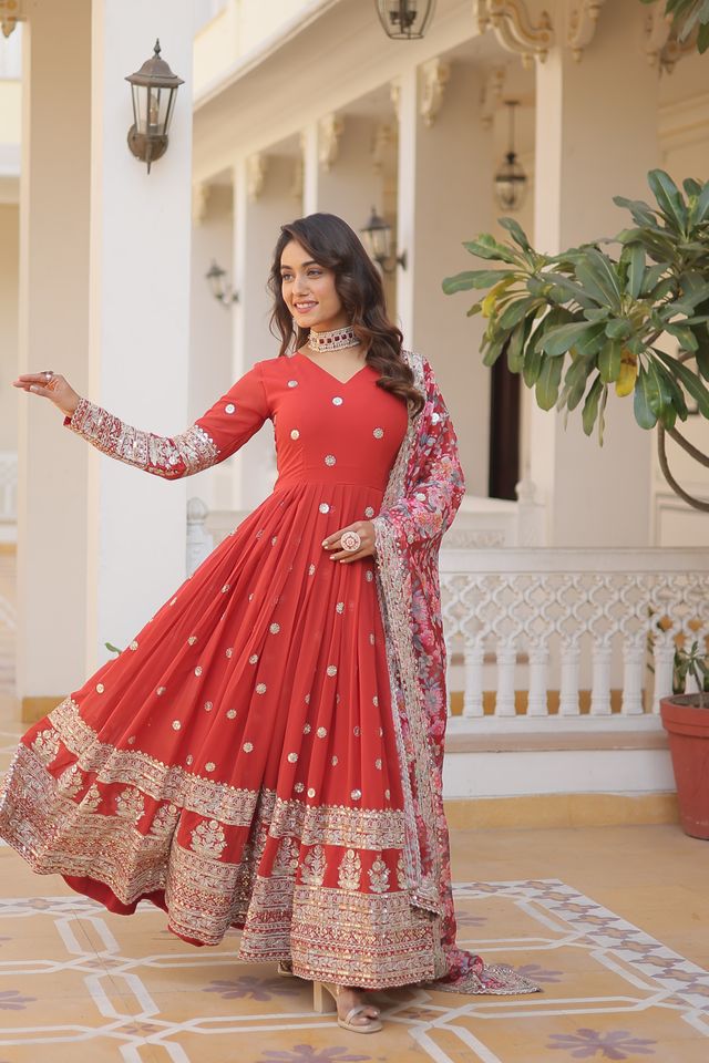 Women's Orange Faux Georgette Sequins Zari Embroideredy Anarkali Gown with Dupatta