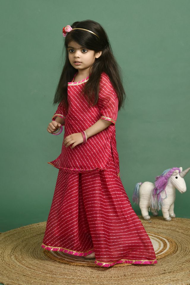 Girl's Pink Leheriya Kurta Skirt Set
