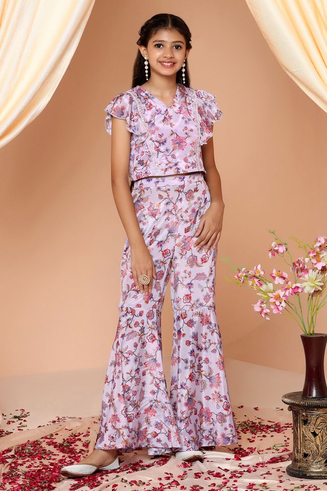 Girls Chinon Floral Print Crop-Top And Sharara Suit Set - Fashion Dream