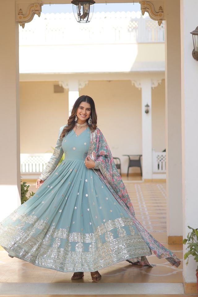 Women's Sky Blue Faux Georgette Sequins Zari Embroideredy Anarkali Gown with Dupatta - Jyoti Fashion