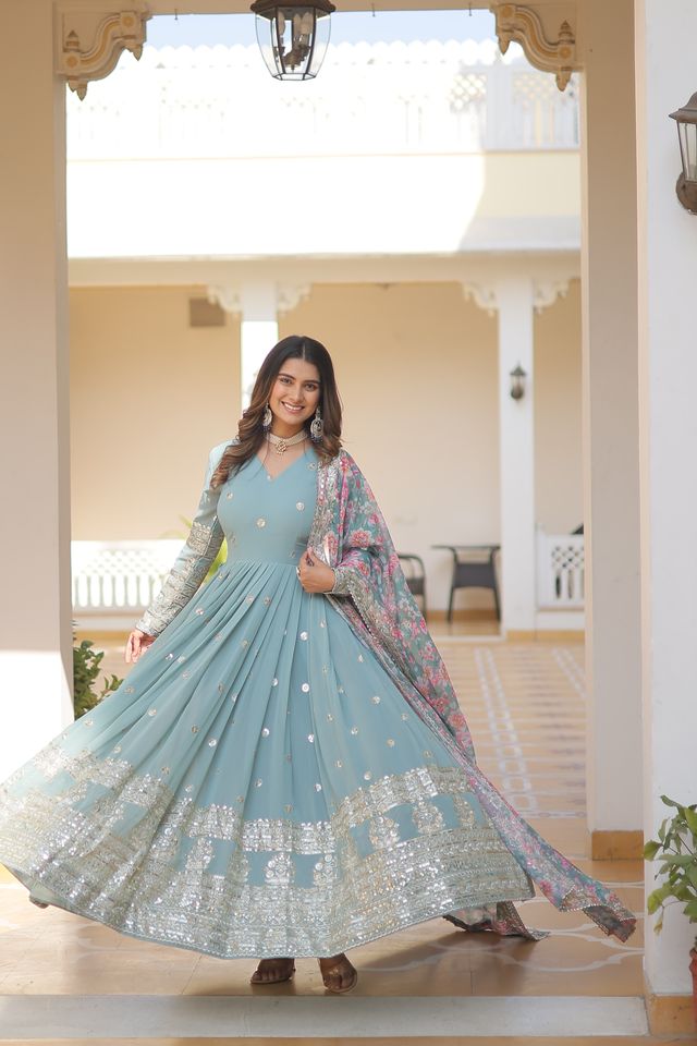 Women's Sky Blue Faux Georgette Sequins Zari Embroideredy Anarkali Gown with Dupatta