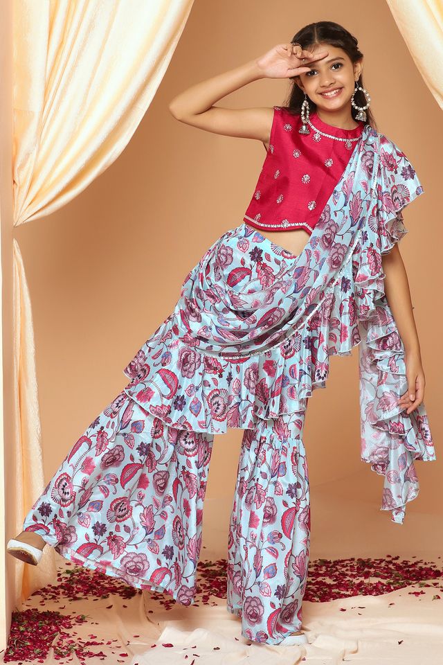 Girls Sky Printed Chinon Crop Top And Sharara Set With Attached Dupatta - Fashion Dream